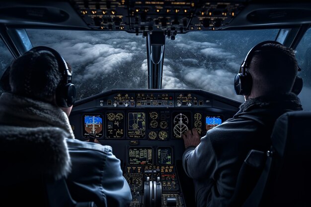 Airplane cockpit with pilots communicating with air traffic control