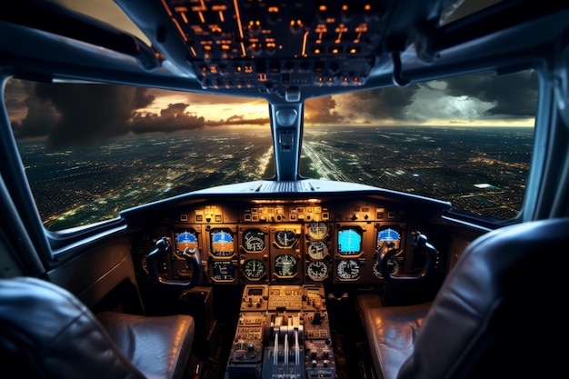 Airplane Cockpit with Sunset View During Flight