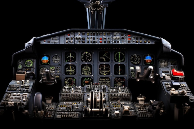 Airplane cockpit with a view of the control panel