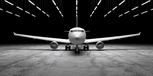 Airplane on concrete floor at hangar with lamps illumination