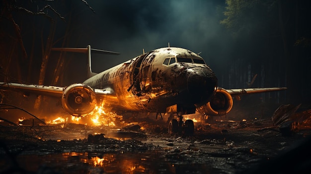 Photo airplane crash accident with destroyed burning plane