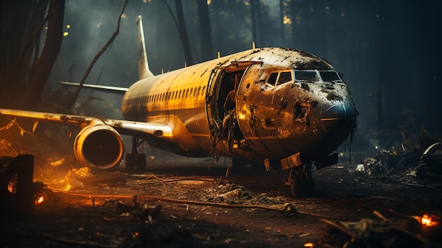 Airplane crash accident with destroyed burning plane