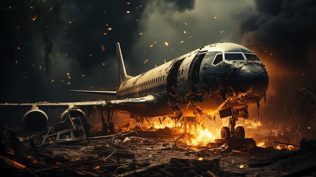 Airplane crash accident with destroyed burning plane