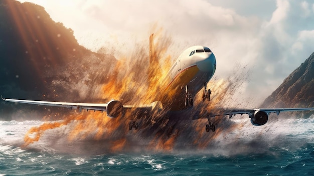 Photo an airplane crash and burn fall in the sea