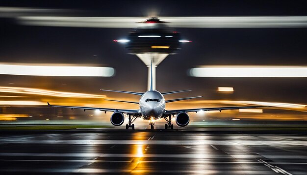 Photo airplane during take off on airport runway at night against air traffic control