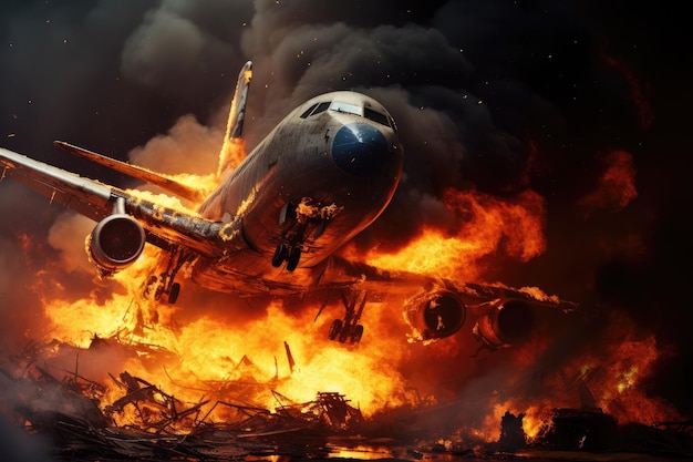 Airplane in the fire on a dark background Collage Plane crash plane on fire and smoke AI Generated