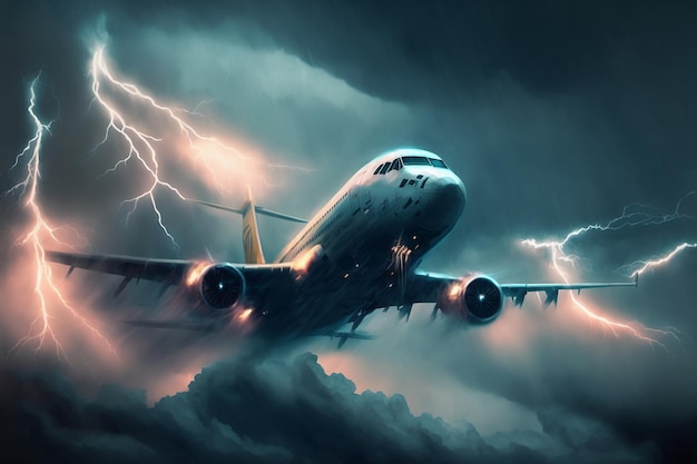 Airplane flies under heavy thunder clouds and lightning.