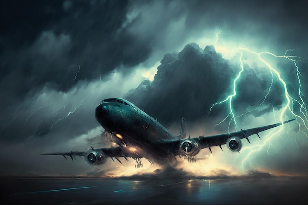 Airplane flies under heavy thunder clouds and lightning.