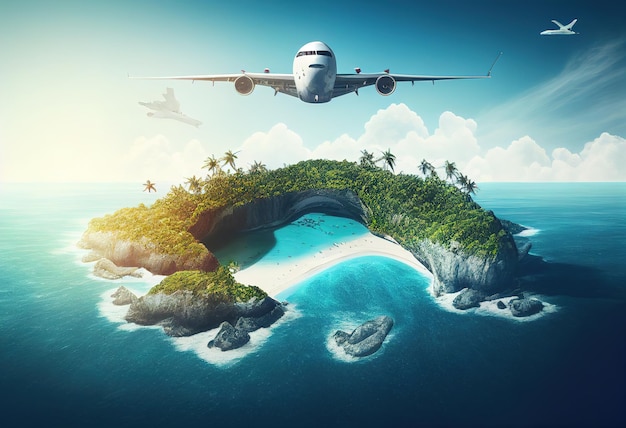 Airplane flies over islands and tropical coast illustration Ai generative