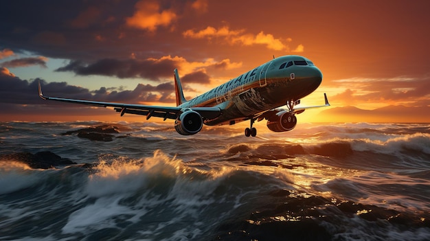 an airplane flies over the ocean at sunset