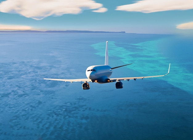 Airplane flies over sea