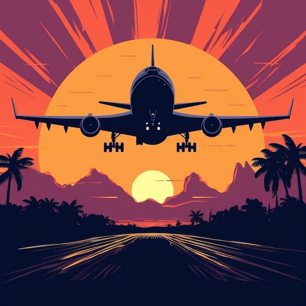 Airplane flies during sunset vector illustration