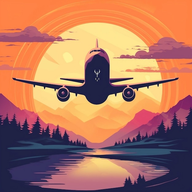 Airplane flies during sunset vector illustration