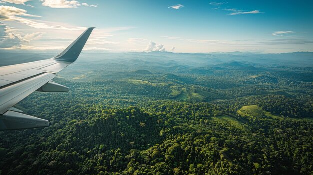 Photo an airplane flies over a valley with a view of mountains and a forest