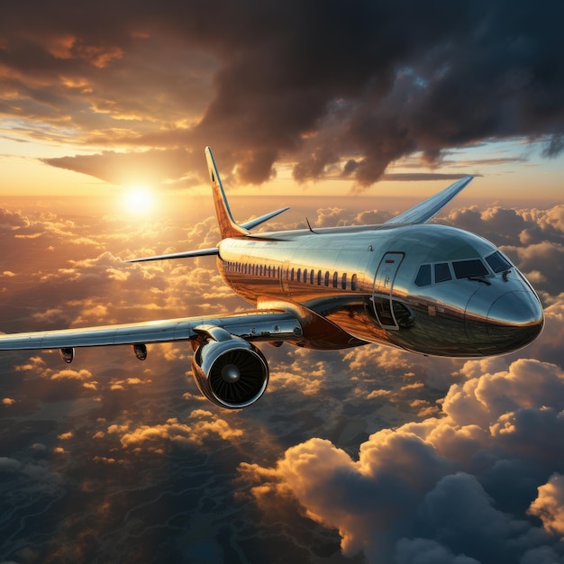 Airplane in flight Passenger plane flying on a high altitude above the clouds