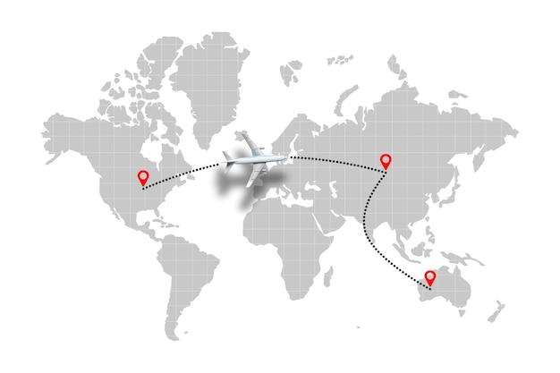 ポイント付きの世界地図上の飛行機の飛行経路の概念。