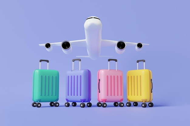 Airplane flight with green purple pink yellow suitcase travel\
tourism plane trip planning tour leisure touring holiday summer\
concept minimal cartoon cute smooth 3d render illustration