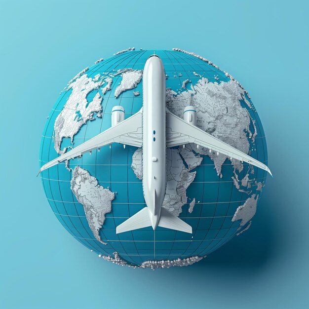 Airplane flying over a 3D globe with forest texture surrounded by clouds Sustainable travel concept