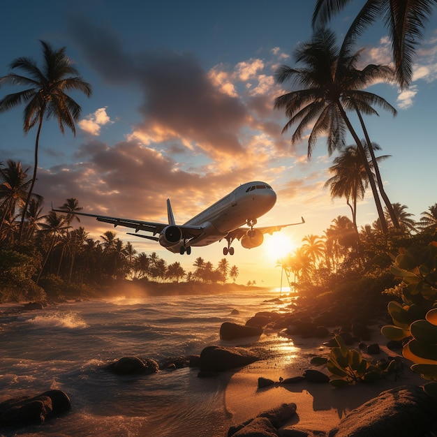 Photo airplane flying in the air over palm tree