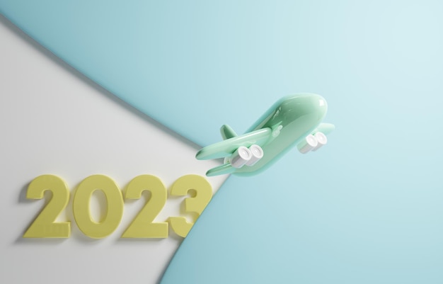 Airplane flying on background with new year 2023 uncovering, travel around the world concept.