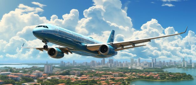 Foto aereo che vola nel cielo blu sopra la città