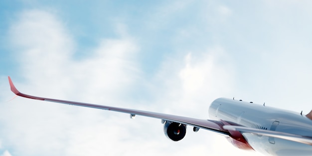 Airplane flying on blue sky.