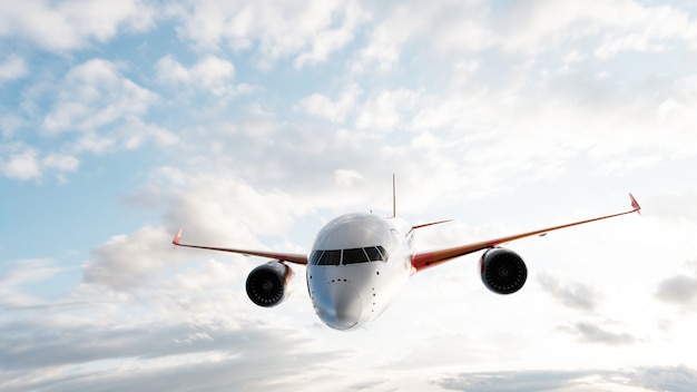 Airplane flying on blue sky.