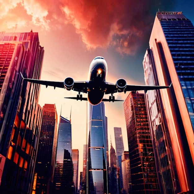 Photo airplane flying over city filled with tall buildings urban air travel with plane