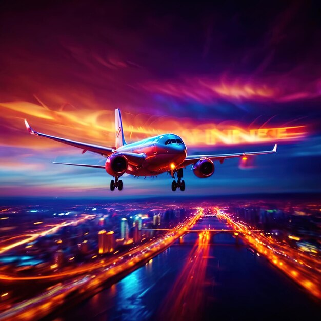 Photo airplane flying over city long exposure dynamic motion with light streak