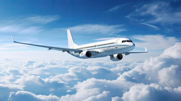 Airplane flying on clouds in blue sky high detailed image Airplane in blue sky