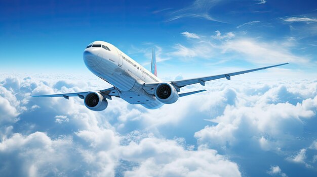 Airplane flying on clouds in blue sky high detailed image Airplane in blue sky