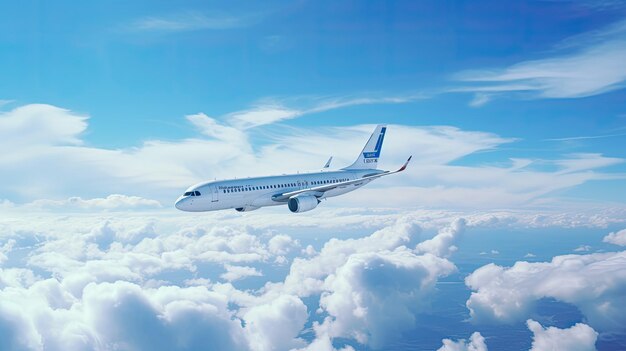 Airplane flying on clouds in blue sky high detailed image Airplane in blue sky