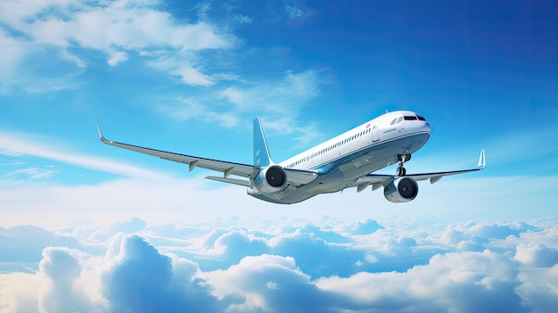 Airplane flying on clouds in blue sky high detailed image Airplane in blue sky