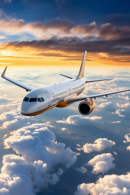 Airplane flying over the clouds at sunset