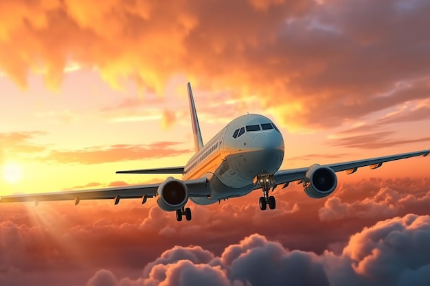 Airplane flying above the clouds at sunset