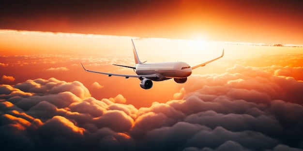 An airplane flying above the clouds with the sun shining on it.