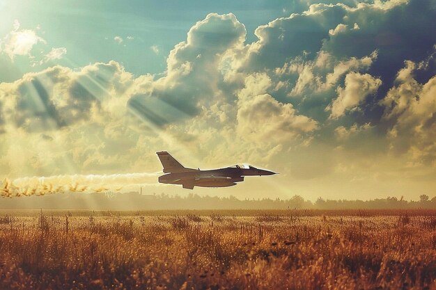 An airplane flying over a field