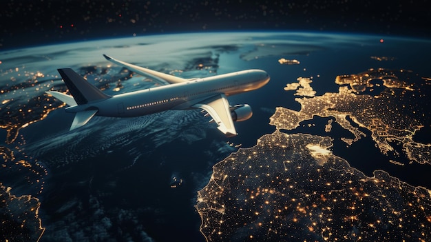 Airplane flying over a glowing global network representing interconnected travel