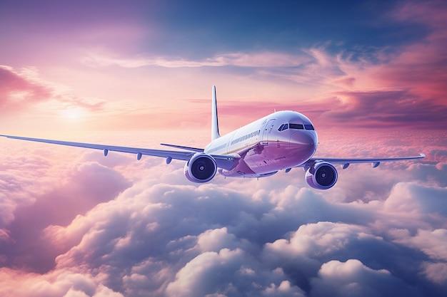 Airplane flying high above the clouds