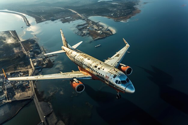 Foto un aereo che vola su un grande corpo d'acqua e una vista aerea del paesaggio cittadino