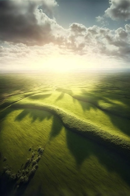 An airplane flying over a lush green field generative ai