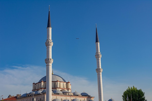 Airplane flying over Mosque Istanbul Turkey