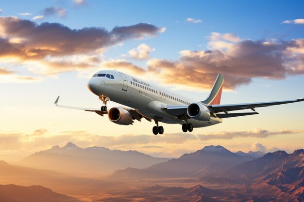 Photo airplane flying over mountains at sunset