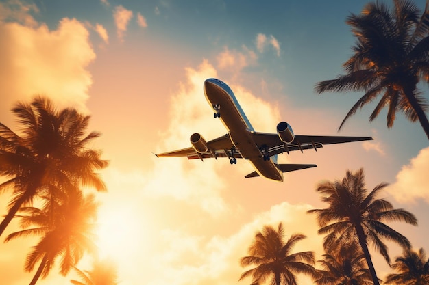 Airplane flying over palm trees at sunset Travel and vacation concept Airplane flying above palm trees in clear sunset sky with sun rays AI Generated