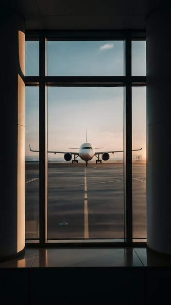 Airplane flying past departures lounge window