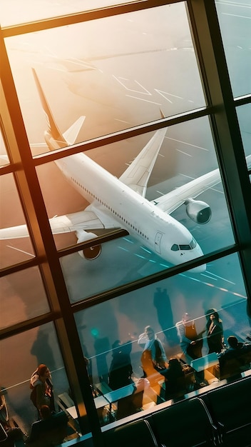 Airplane flying past departures lounge window