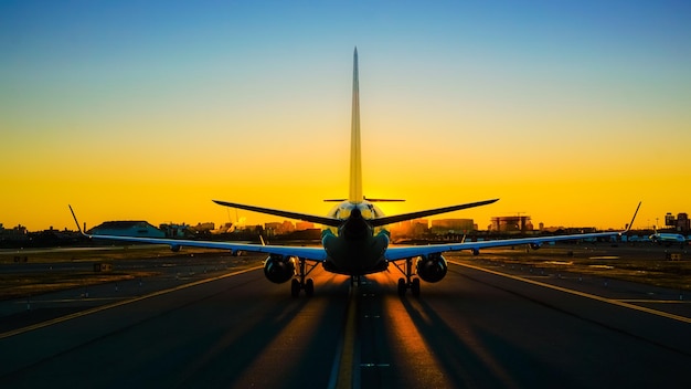 Foto aereo che vola sopra la strada al tramonto