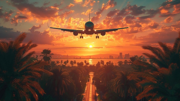 Airplane flying in the sky over the palm trees Travel concept