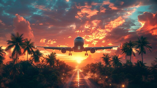 Photo airplane flying in the sky over the palm trees travel concept