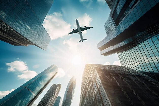 Photo airplane flying in the sky over skyscrapers buildings in london abstract image soft focus